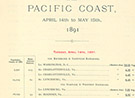 A trip itinerary for the President during his tour of the Pacific Coast; has specific departure and arrival times for the days between Tuesday, April 14th, 1891 to May 18th, 1891; also contains the distance between stations and population of those areas; the back cover contains a fold-out map of the United States with trip route; writing on the front cover is in gold with the US seal in gold at the top; all writing inside is in black ink except for the print of different dates which are in red ink; bound together by a piece of white twine; top, right-hand corner dirty; several dirt spots on back side. On front cover: 