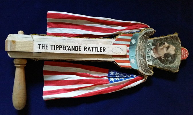 1892 Campaign Rattler for President Benjamin Harrison and Vice Presidential candidate Whitelaw Reid. The side of the rattler in this image bears the words, 