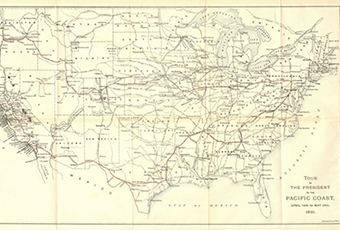 Map of the United States in 1981 with trip route marked in thin red line. Also marked are railroards, and rivers. Map is from the booklet: 