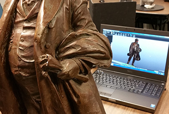 Full length figure of Benjamin Harrison cast in plaster done by Charles Henry Niehaus. Model for the statue in University Park, Indianapolis, IN. This plaster model is painted to appear like bronze. Harrison is holding a top hat in his right hand and his over coat is draped over his left arm. His left leg is forward giving the statue a walking stance.