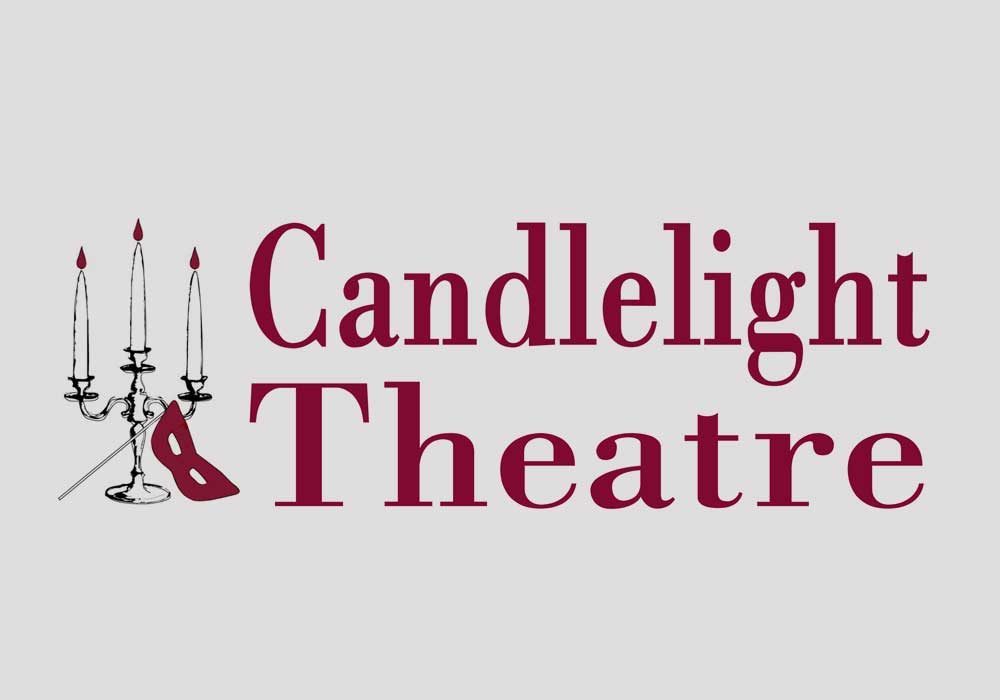 This is the logo for Candlelight Theatre, depicting a lit candelabra with an opera-style mask leaning against its base. Next to the illustration is some serif font that reads, candlelight theatre.