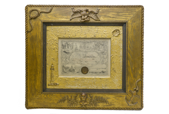 Framed Certificate New York Marine Society in wooden frame. Embellishments on frame: eagle at top center, rope knot in upper left corner, anchor and rope in lower right corner, bust of George Washington with leaf and berry design around Washington. Inner frame wooded frame is gold leaf and a shell in upper right and lighthouse on lower left. The outside edge of the frame is rope painted and linked chain design on inner part of outer frame. 9