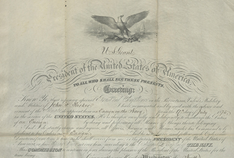 A certificate for a Naval Commission from signed by Ulysses S. Grant for John Parker to be promoted to Ensign in the Navy starting on July 17, 1875. Signed and issued on January 9, 1877. Grant's signature under text at lower right. Also signed by Secretary of Navy Geo. W. Robeson. George Maxwell Robeson (March 16, 1829 – September 27, 1897) appointed by President Ulysses S. Grant as Secretary of the Navy on June 25, 1869. Image of the eagle on top center; bottom center has a blue seal with image of Poseidon coming out of the sea with maidens, etc.
