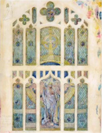 Watercolor Illustration of a window from the first presbyterian church. this window frame is split into 5 distinct sections vertically, and two sections horizontally, making a total of 10 large windows accompanied by smaller windows as accents. The window is mosly blue with yellow accents. Most of the frames are in a rectangular shape with a curved, gradually pointed top. There is a diamon pattern in the background, with imagery of a cross and a crowned angel in flowing white robes, standing with his arms at his sides, with one leg propped on a step.