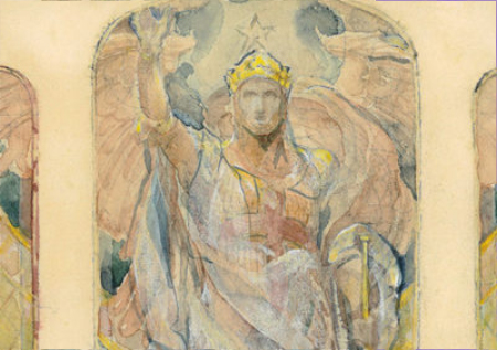 This frame shows a close up of the angel featured in the illustration, showing the intricate details on his flowing robes, feathers, and face.